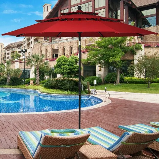 10ft 3 Tier Patio Umbrella Aluminum Sunshade Shelter Double Vented-Burgundy
