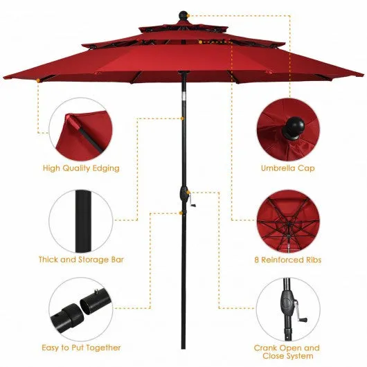 10ft 3 Tier Patio Umbrella Aluminum Sunshade Shelter Double Vented-Burgundy