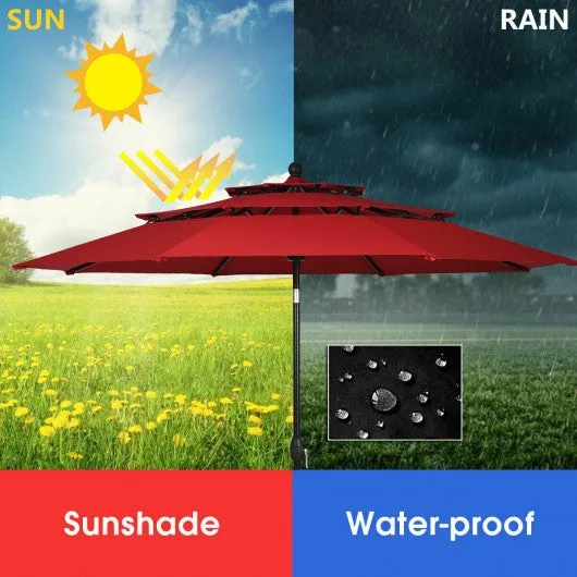 10ft 3 Tier Patio Umbrella Aluminum Sunshade Shelter Double Vented-Burgundy