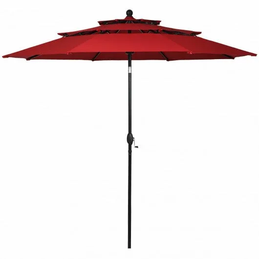 10ft 3 Tier Patio Umbrella Aluminum Sunshade Shelter Double Vented-Burgundy