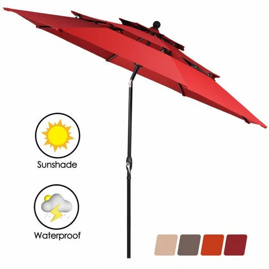 10ft 3 Tier Patio Umbrella Aluminum Sunshade Shelter Double Vented-Burgundy