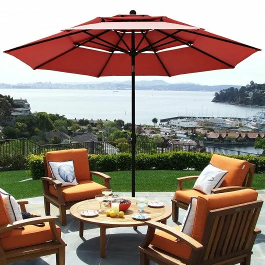 10ft 3 Tier Patio Umbrella Aluminum Sunshade Shelter Double Vented-Burgundy