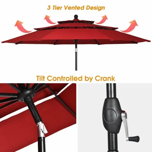 10ft 3 Tier Patio Umbrella Aluminum Sunshade Shelter Double Vented-Burgundy