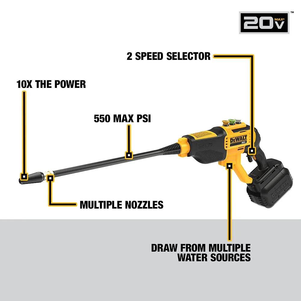 Open Box -  DEWALT 20-Volt 550 PSI, 1.0 GPM Cold Water Cordless Electric Power Cleaner with 4 Nozzles