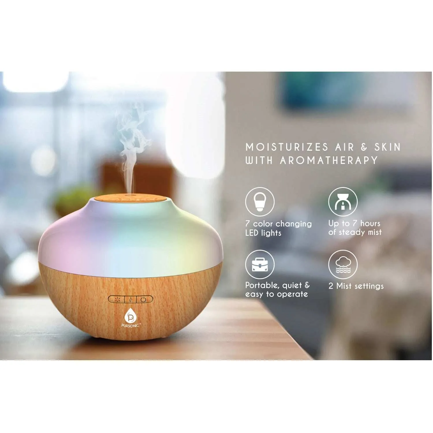 Pursonic Aromatherapy Diffuser: 300ml Top 3 Oils 2 Mist Settings 7 Lights