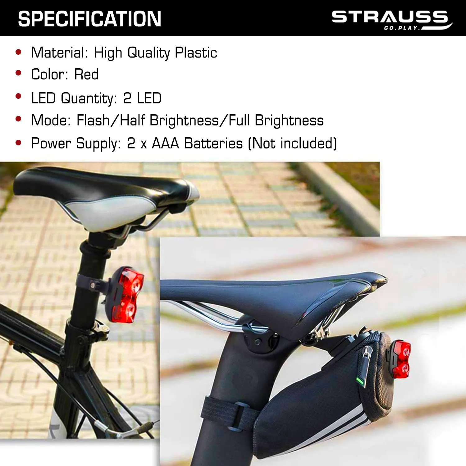 Strauss Dual LED Bicycle Rear Tail Light | Waterproof Cycle Light | Portable High Visibility LED Light for Safety | Cycling Accessory for Night & Day Riding| Size: Universal