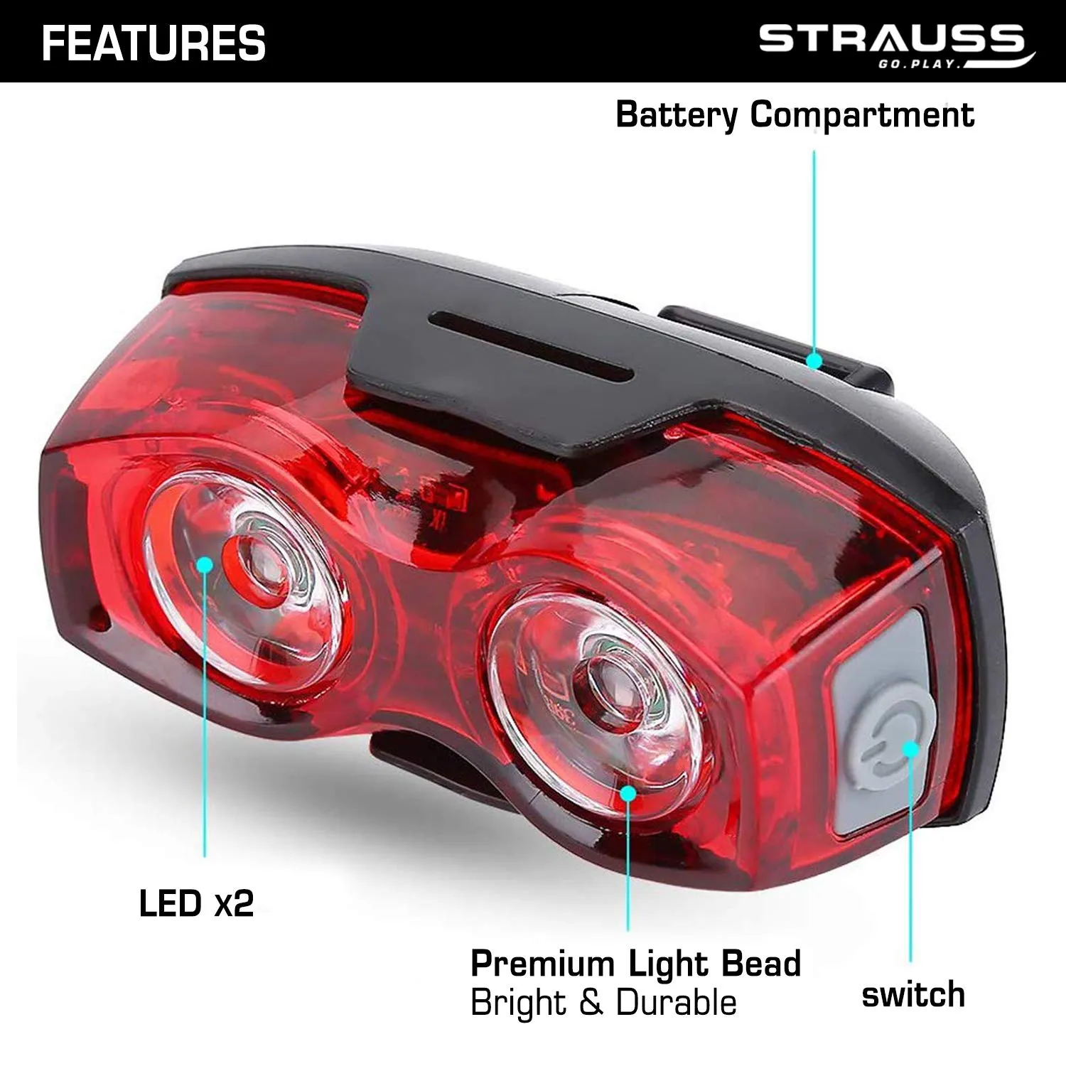 Strauss Dual LED Bicycle Rear Tail Light | Waterproof Cycle Light | Portable High Visibility LED Light for Safety | Cycling Accessory for Night & Day Riding| Size: Universal